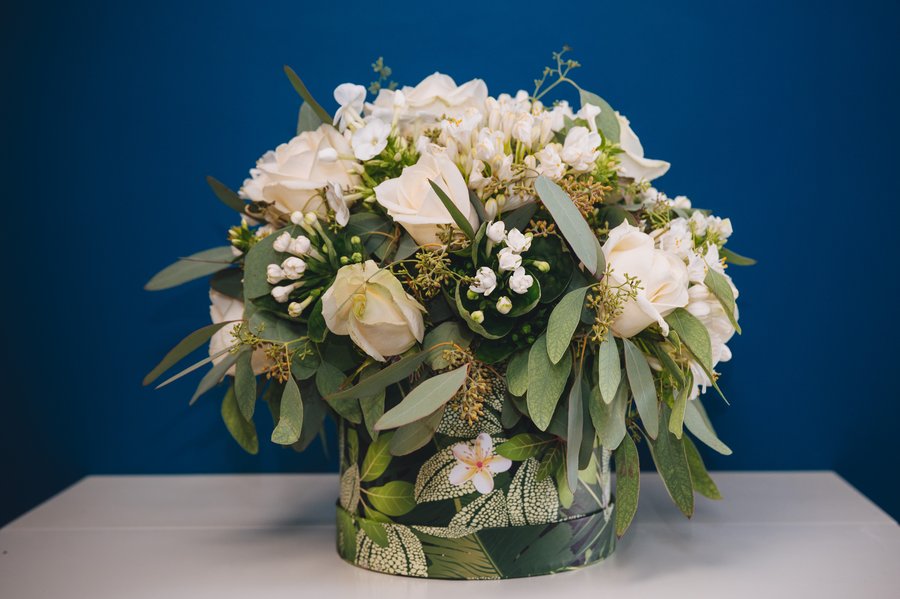 Florist's choice hat box arrangement